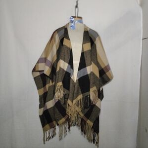 Plaid Cape Sweater Shawl with Fringe-Trim One Size Burgundy Brown Black Tan